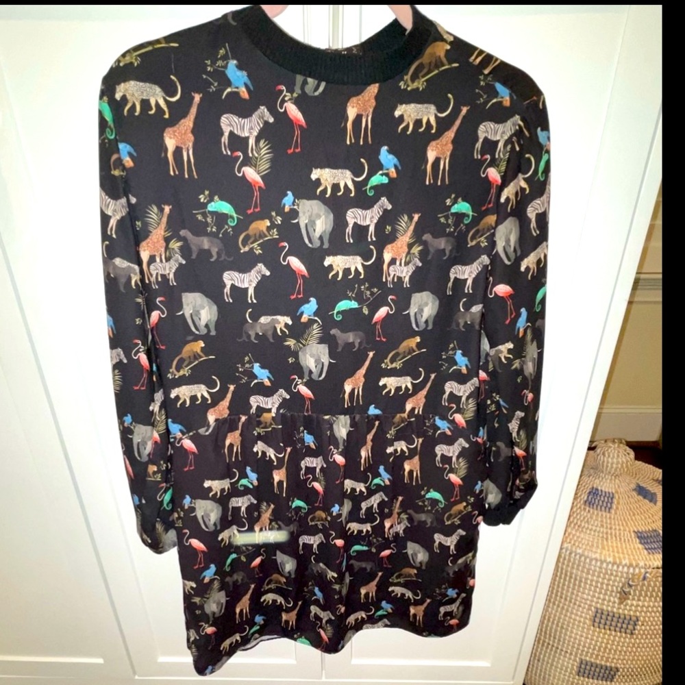 Zara long sleeve black mini dress with animal safari print; buttons in back